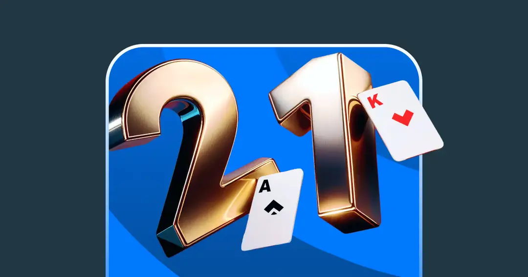 המספר 21 בזהב על רקע כחול עם קלפי אס-עלים ומלך-לב — מושלם למדריך בלאק ג'ק וקזינו. stakeil -