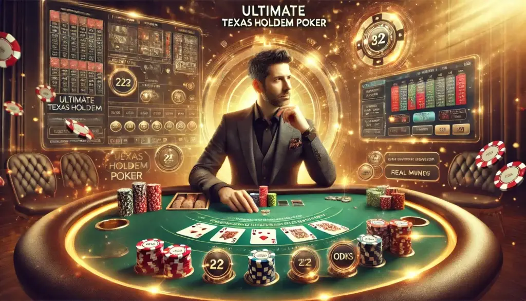 גבר לבוש באלגנטיות יושב ליד שולחן פוקר עם קלפים, ז'יטונים ומסכים דיגיטליים במתחם הקזינו היוקרתי "אולטימייט טקסס הולדם. stakeil -