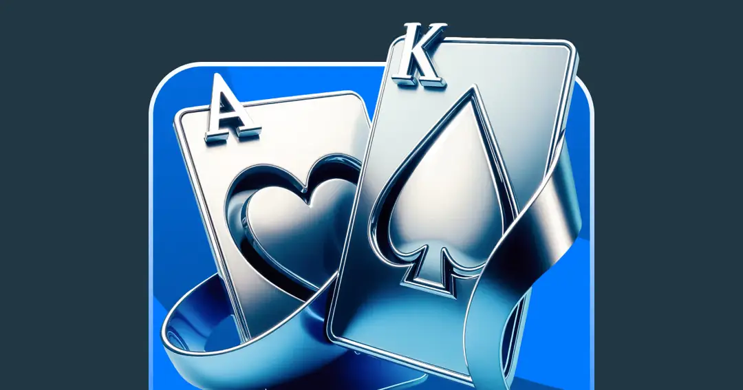 שני קלפי פוקר מתכתיים, אס לב ומלך עלה, מונחים על רקע כחול עם עיטור סרט, באווירת קזינו ובקרה. stakeil -
