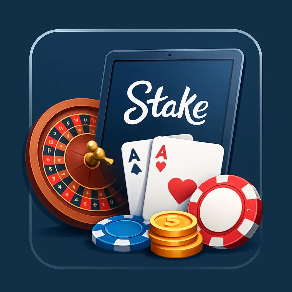 איור: גלגל רולטה, אסימונים, מטבעות זהב, שני אסים ומחשב לוח עם הכיתוב "Stake", אווירת קזינו מקוון. stakeil -