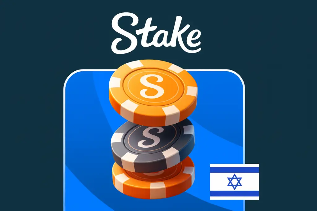 ז'יטונים כתומים ושחורים עם האות S, ועליהם הלוגו של Stake, ודגל ישראל על רקע כחול – הימורים מישראל. stakeil -
