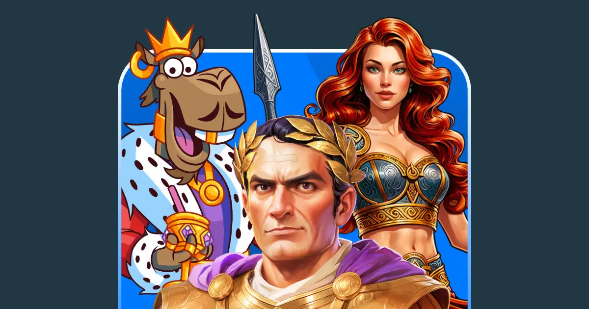 גמל מלך מצויר, גבר בשריון רומי ואישה עם שיער אדום עומדים יחד, מוכנים להמר בעולם הפוקר והקזינו. stakeil -