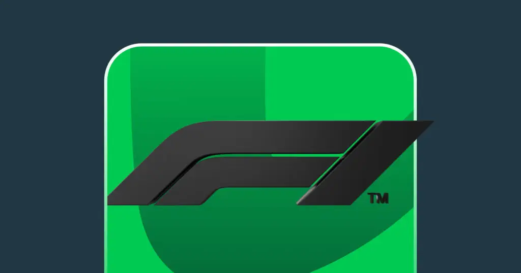 לוגו של פורמולה 1 בצבע שחור במרכז ריבוע ירוק עם פינות מעוגלות, מסגרת לבנה, רקע כחול כהה – קזינו ופוקר. stakeil -