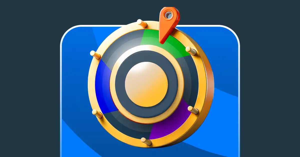 מגן בצורת גלגל צבעוני עם טבעות בצבעים כחול, ירוק, סגול, שחור וזהב; סימן מיקום אדום בחלק העליון. רקע כחול בסגנון קזינו. stakeil -