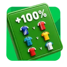 ריבוע ירוק עם תוספת של 100% על זוגות חולצות בצבעים שונים, כמו זוגות בפוקר. רקע ירוק בהיר עם דוגמה עדינה. stakeil -